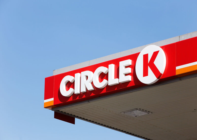 close up of Circle K logo on top of gas pump roof