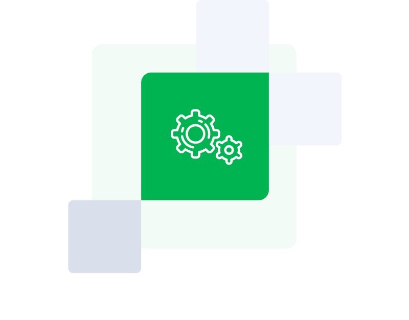 Two white gears on green background statistic graphic icon.