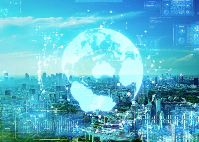 Image of city with globe and data superimposed over top.