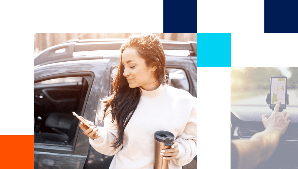 Images of smiling woman using consumer application on phone and driver using GPS app on cell phone.