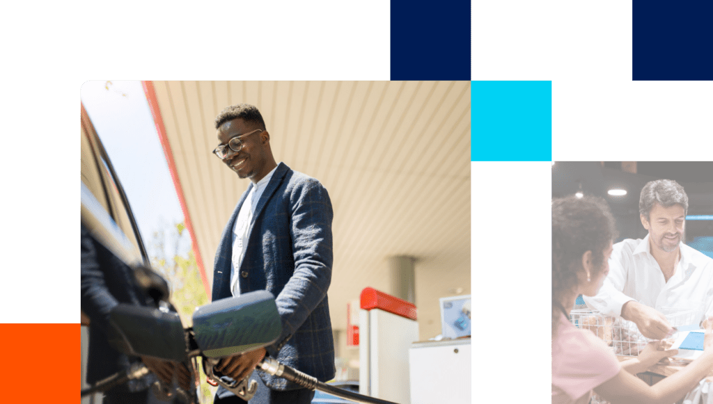 Young adult man pumping gas at a convenience retail location while smiling.