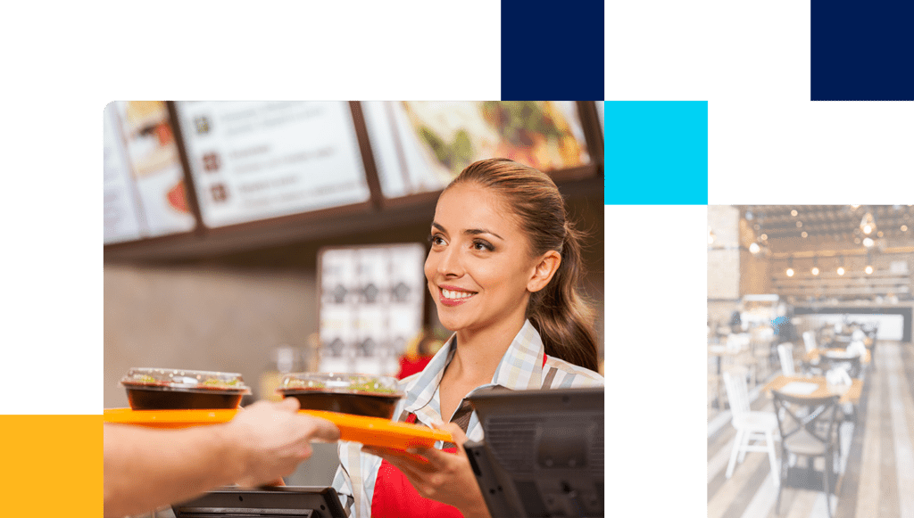 Restaurant worker serving two fast food meals with smile. 