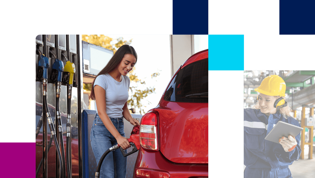 Attractive female pumper gas of red car at fuel station