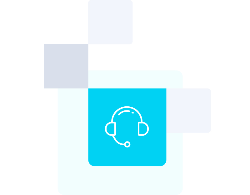 Head wearing headset with mic on blue background statistical graphic icon.