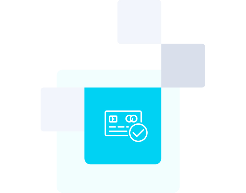 Credit card icon with check mark on light blue background