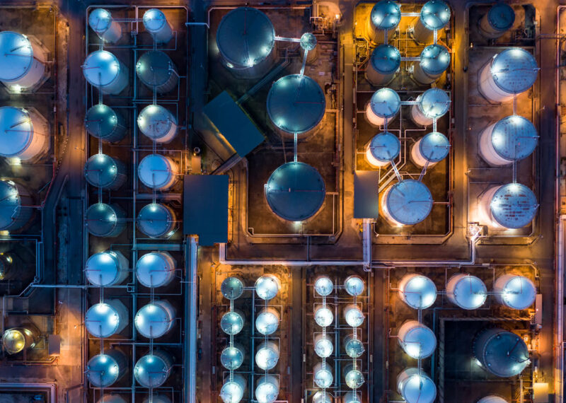 Aerial view of an oil refinery at night