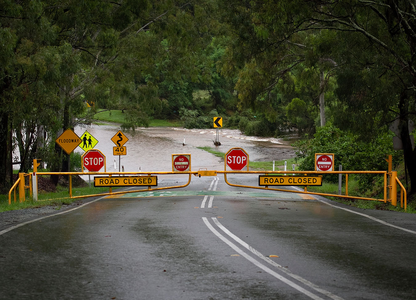 road closed signs on flooded road