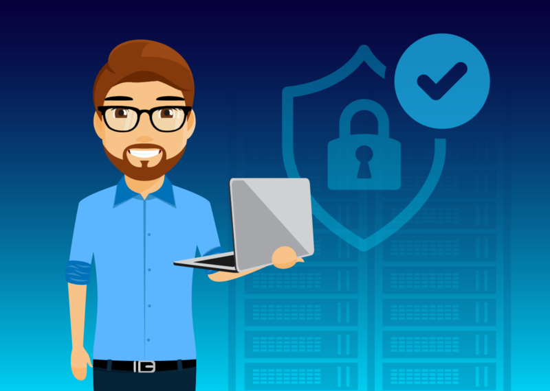 Vector image of cybersecurity expert with computer on blue background with lock and checkmark and servers in the background