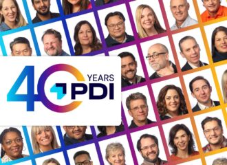PDI 40th anniversary logo over montage of employees from around the globe