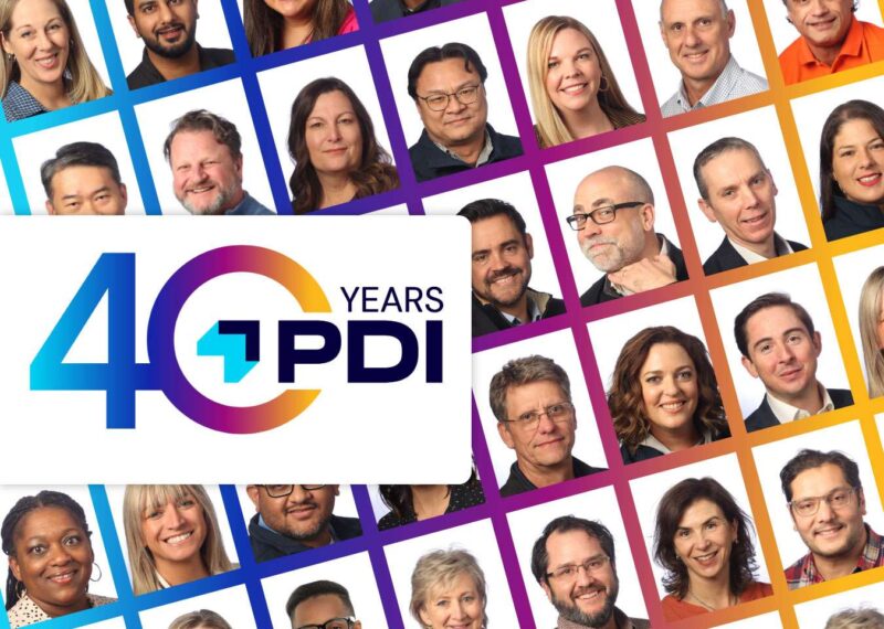 PDI 40th anniversary logo over montage of employees from around the globe