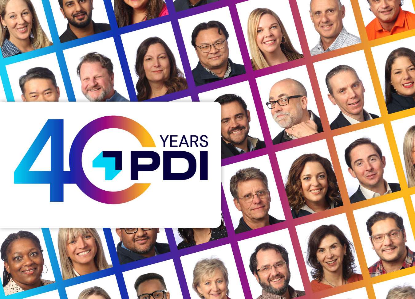 PDI 40th anniversary logo over montage of employees from around the globe