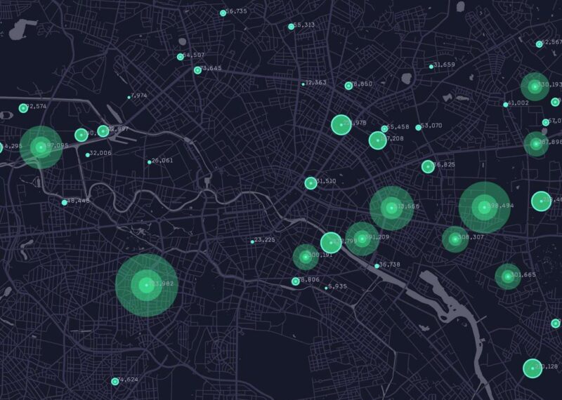 Dark map with gridlines and green pinpoint dots of varying sizes representing customer mapping visualization
