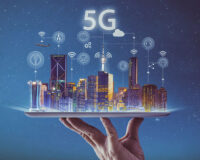 5G and network icons floating over city scape