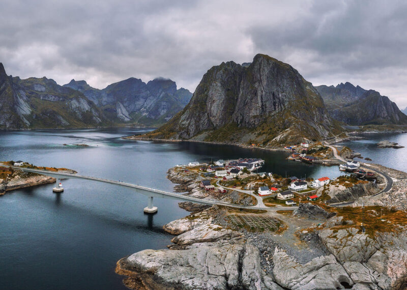 Aerial view of fishing villages in Norway