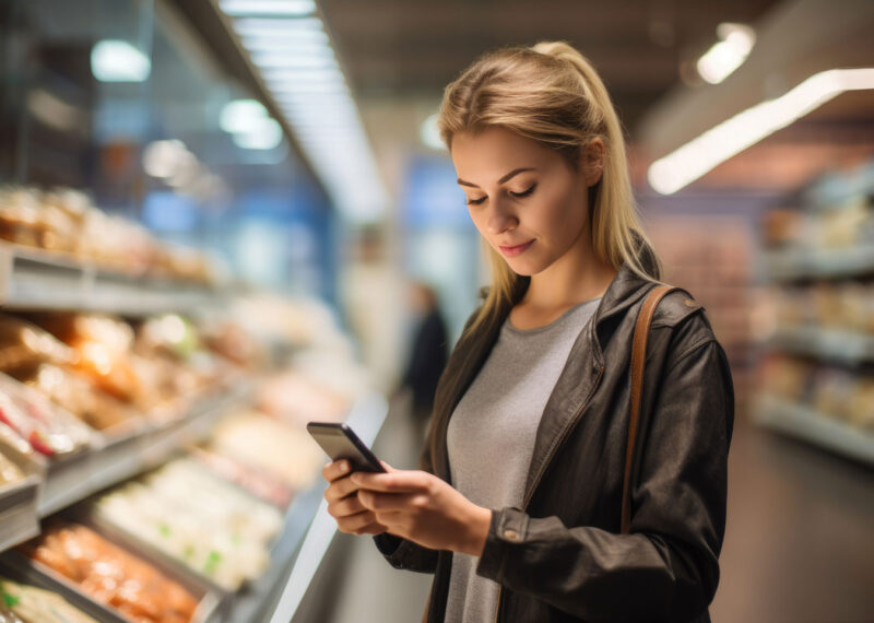 Woman in convenience store aisle with phone in hand