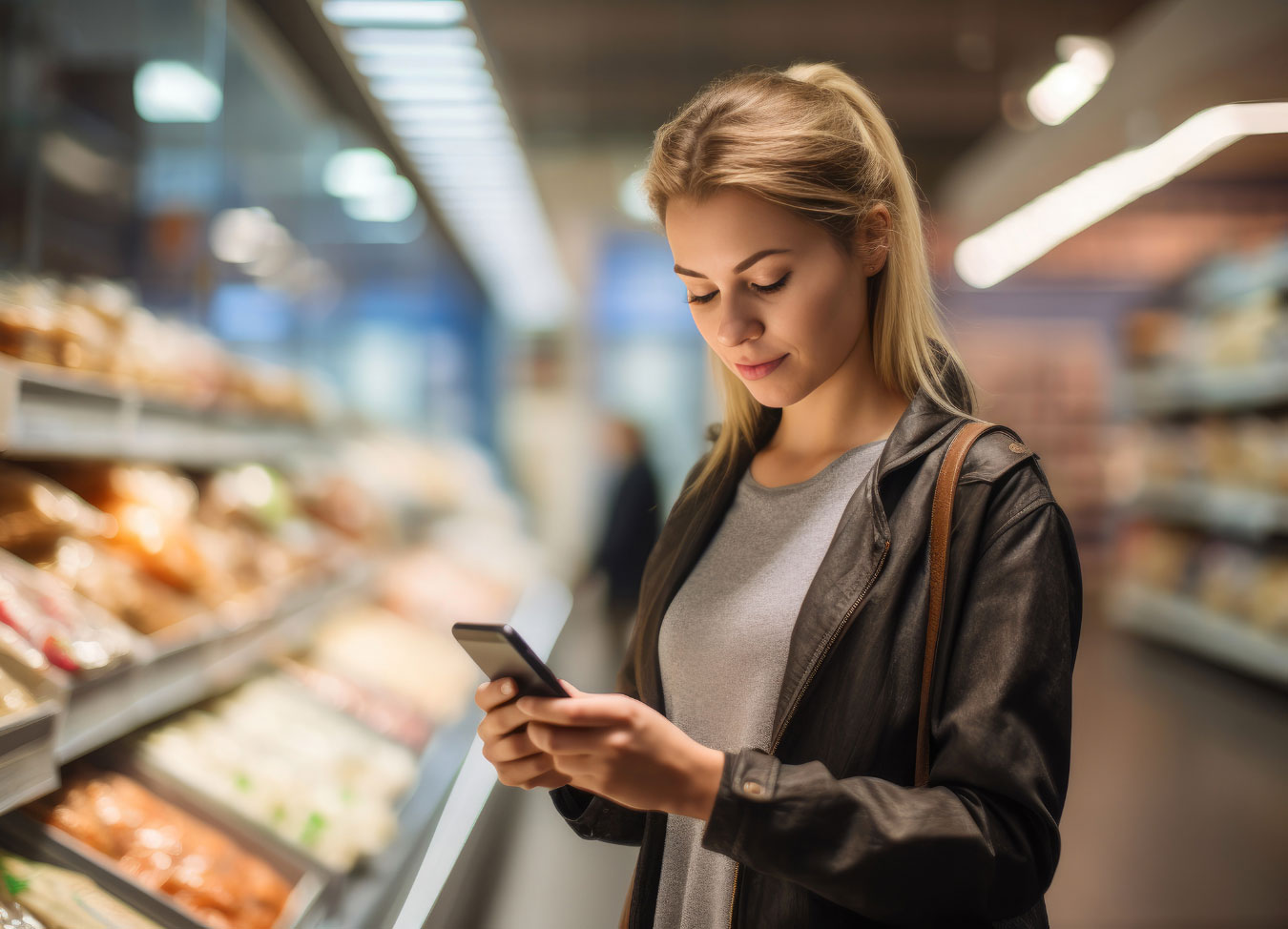 Woman in convenience store aisle with phone in hand