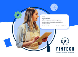 A Fintech themed graphic with abstract blue shapes and gears in the background and an obscured individual holding a tablet in the foreground. Text on the right details invoice information with totals listed, emphasizing financial organization.