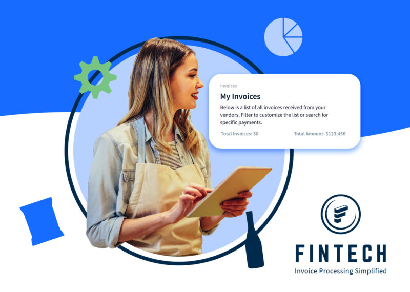 A Fintech themed graphic with abstract blue shapes and gears in the background and an obscured individual holding a tablet in the foreground. Text on the right details invoice information with totals listed, emphasizing financial organization.