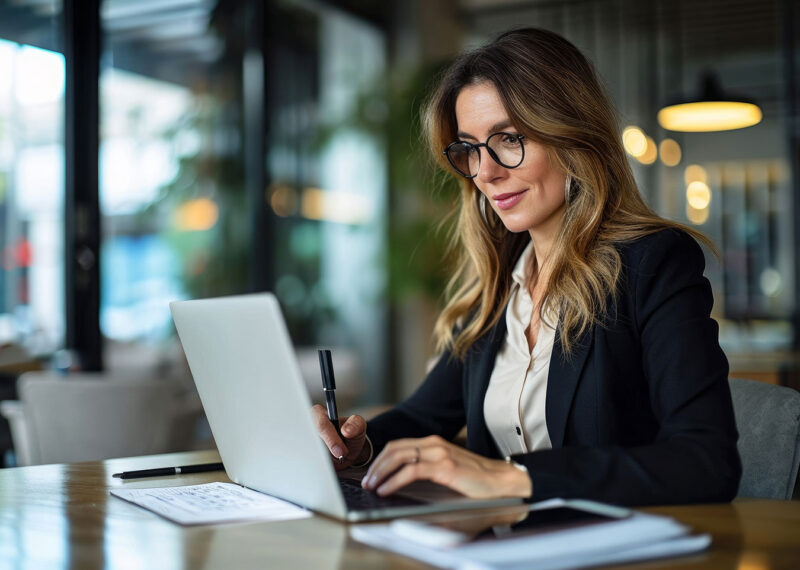 Busy mature mid aged business woman professional in her 40s writing notes finance report overview, lawyer checking document, working on laptop computer device sitting at desk in office