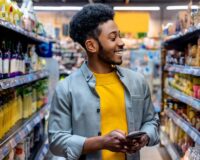 Smiling man shopping in a convenience store aisle, holding a mobile phone while looking at shelves stocked with product offers from Consumer Packaged Goods brands, illustrating convenience retail and c-store shopping experiences.