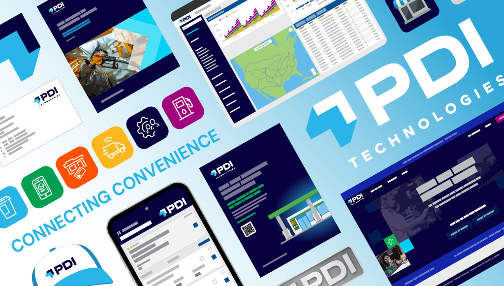 PDI Technologies branding and digital assets including website, mobile app, software UI, icons, and business cards.