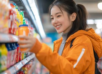 Medium-close of a young Asian woman with a bright smile, in a sporty jacket, picking healthy drinks for her trip in a colorful convenience store