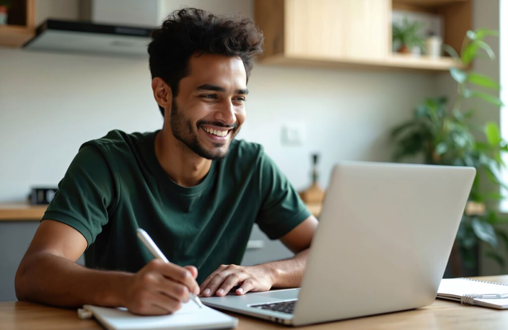 Smiling professional taking online training with PDI University All-Access Pass from home