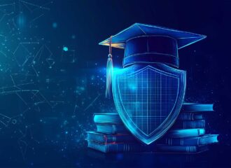 Digital shield wearing a graduation cap, surrounded by books, symbolizing cybersecurity awareness training, employee education, and human-layer protection.