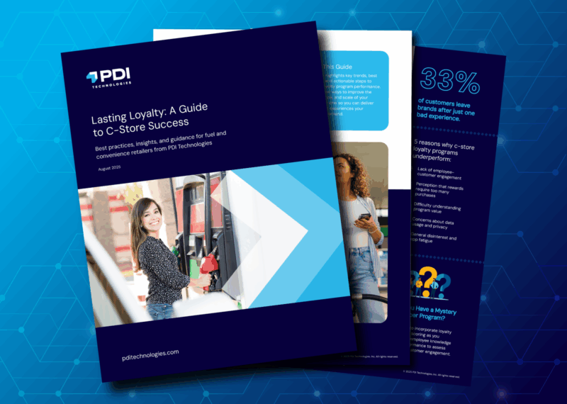 PDI Technologies guide titled 'Lasting Loyalty: A Guide to C-Store Success' with best practices and insights for fuel and convenience retailers, featuring a smiling woman at a gas pump and key loyalty statistics.