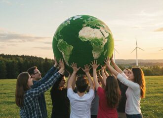 Group of people lifting a large globe together in a field with wind turbines in the background, symbolizing global sustainability, teamwork, and renewable energy.