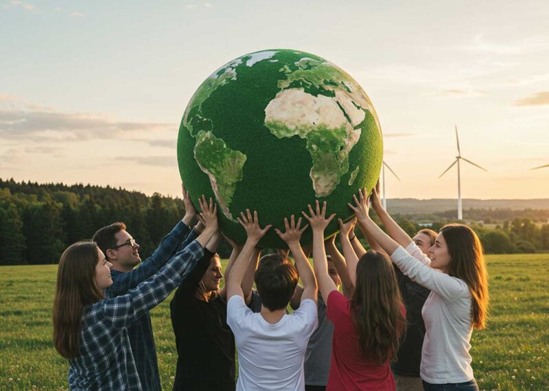Group of people lifting a large globe together in a field with wind turbines in the background, symbolizing global sustainability, teamwork, and renewable energy.