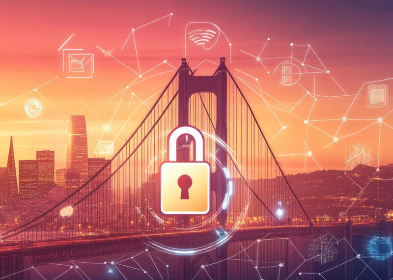 Golden Gate Bridge at sunset with a glowing digital padlock and connected network icons, symbolizing the link between IT security and risk management.