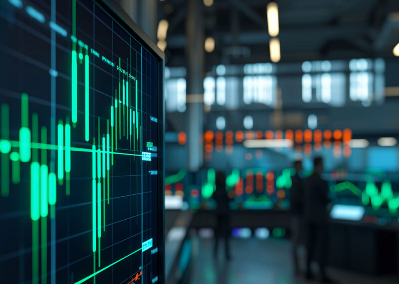 Close-up of digital charts and data visualizations on a large screen inside a security operations center, symbolizing cyber threat analysis and trend monitoring.