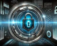 Digital padlock surrounded by futuristic data visualizations and analytics, symbolizing cybersecurity threat intelligence and protection against evolving risks.