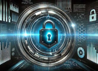 Digital padlock surrounded by futuristic data visualizations and analytics, symbolizing cybersecurity threat intelligence and protection against evolving risks.
