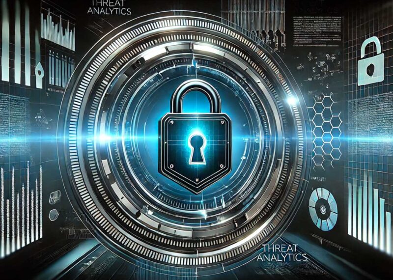 Digital padlock surrounded by futuristic data visualizations and analytics, symbolizing cybersecurity threat intelligence and protection against evolving risks.