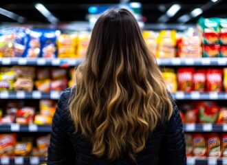 Shopper standing in front of a convenience store snack aisle, representing how top CPG brands win in c-stores through data, innovation, and strategic engagement.