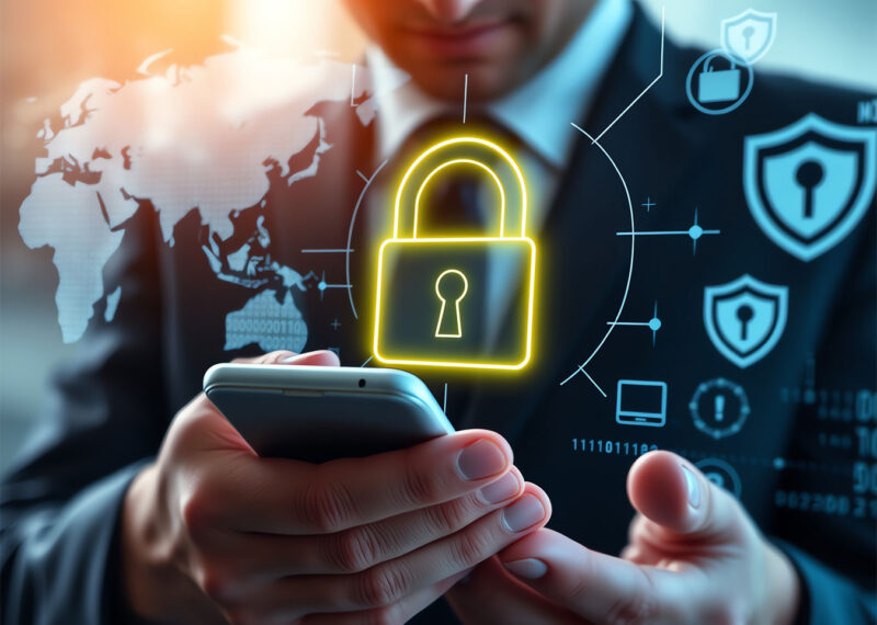 Business executive holding a smartphone with a glowing digital padlock icon, symbolizing cybersecurity as a business risk and enterprise protection.