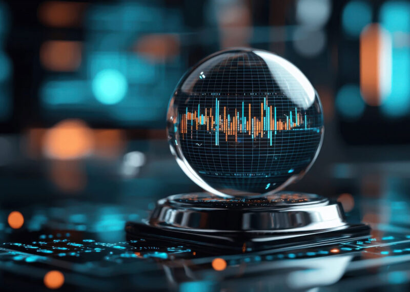 A futuristic crystal ball displaying digital threat patterns and data visualizations, symbolizing SOCaaS predictive security and AI-driven cyber defense.