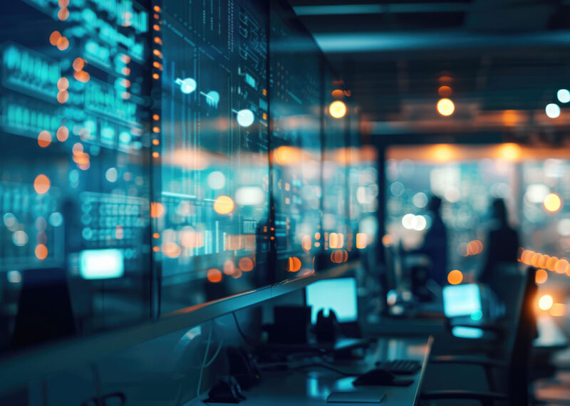 Modern security operations center with glowing digital dashboards and analysts in the background, representing SOCaaS and AI-powered predictive cybersecurity.