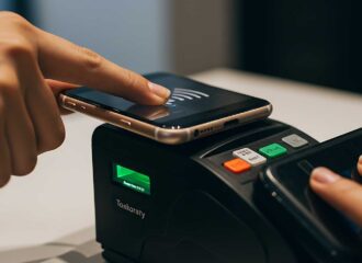 Person making a secure mobile payment using contactless technology, illustrating strong network security and data protection — key steps in simplifying PCI compliance.