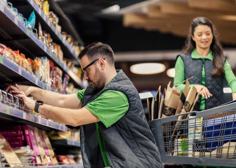 C-store employees stocking shelves with snacks as part of retailer and CPG collaboration strategies for mutual success.