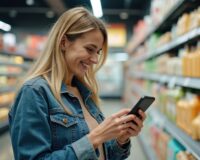Happy woman uses smartphone in supermarket