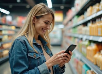Happy woman uses smartphone in supermarket