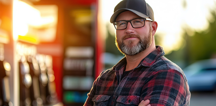 Confident man standing at a gas station pump, representing PDI Loyalty and the connected consumer experience across fuel, convenience store, and online retail touchpoints.
