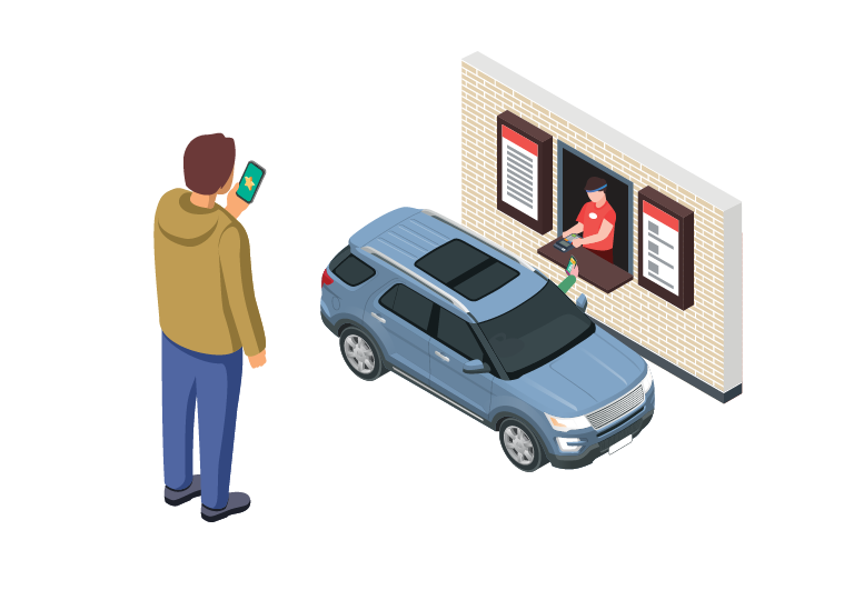 A person uses a smartphone to place an order while another customer picks up food at a drive-thru window, illustrating PDI Order Ahead and Delivery solutions for convenience retailers.