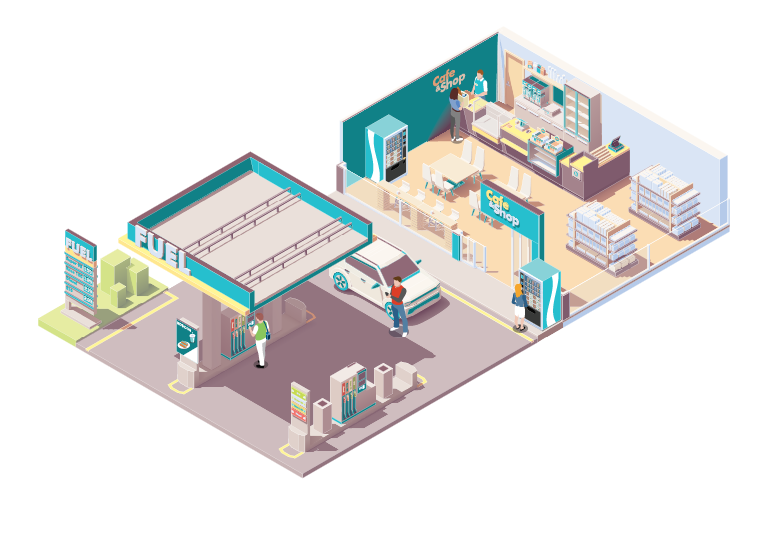 Isometric illustration of a modern gas station and convenience store showing customers fueling vehicles and shopping inside, representing PDI Loyalty solutions for convenience retail and fuel marketing.