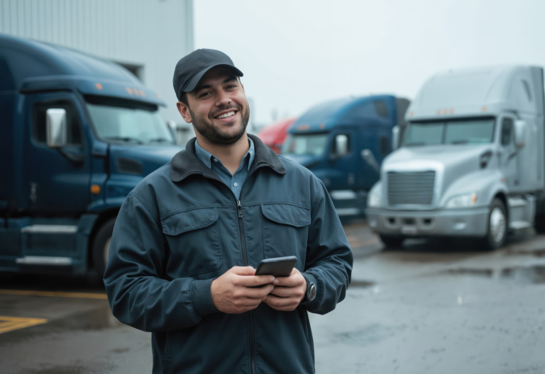 Smiling truck driver holding a smartphone in front of several semi-trucks, representing PDI Fleet Solutions that offer secure digital and physical payment options to manage fuel, control costs, and build driver loyalty.