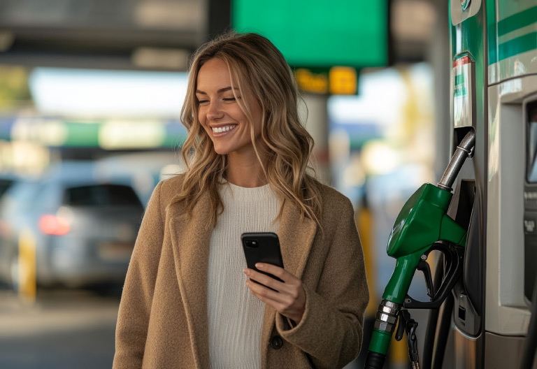 Smiling woman holding a smartphone while refueling her car at a gas pump, representing PDI Payment Solutions that connect digital and in-store experiences to simplify the convenience retail journey.