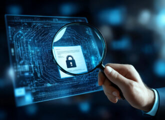 Magnifying glass highlighting a digital padlock on a glowing blue circuit board, symbolizing cybersecurity analysis and threat intelligence.